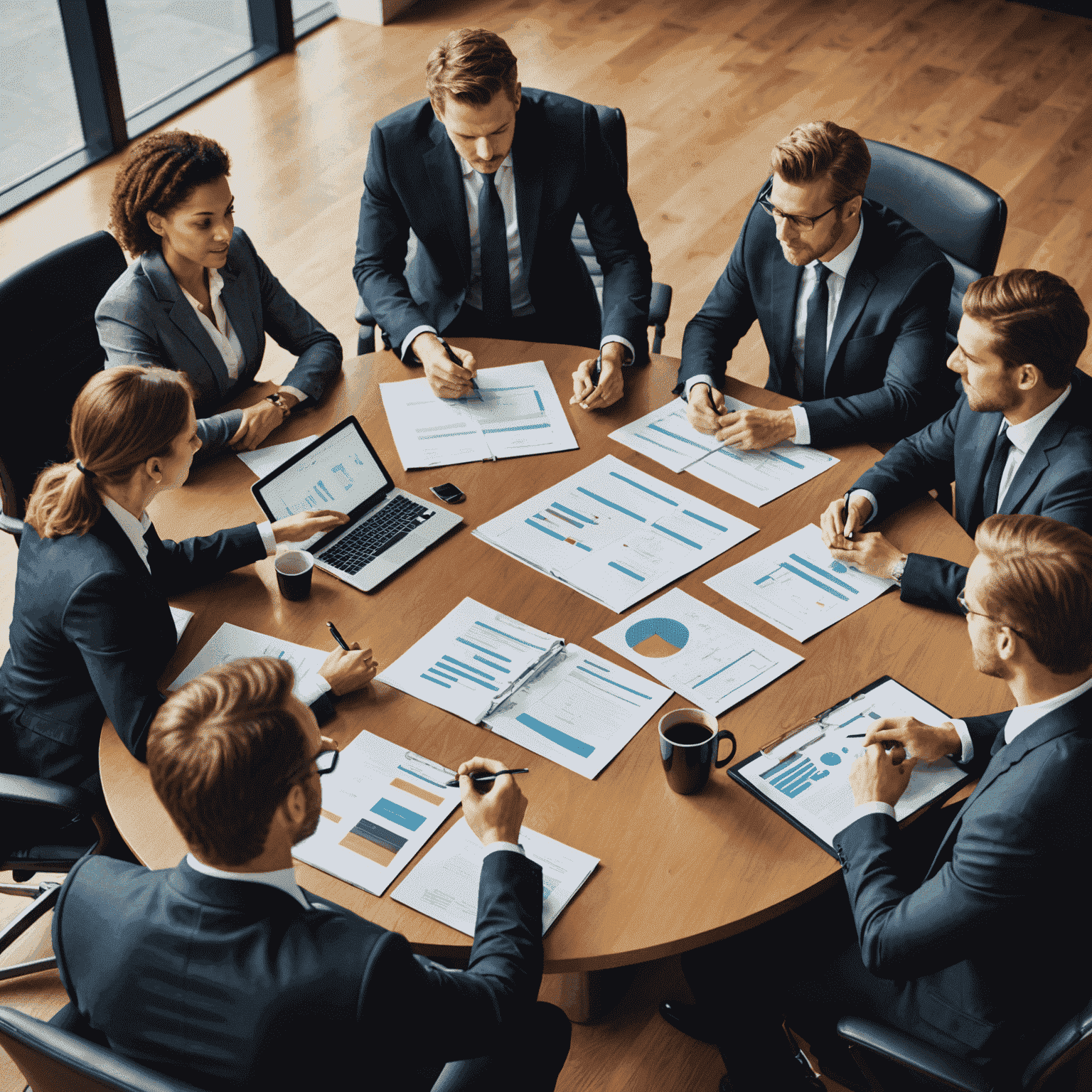 A group of business professionals discussing a strategic plan around a conference table