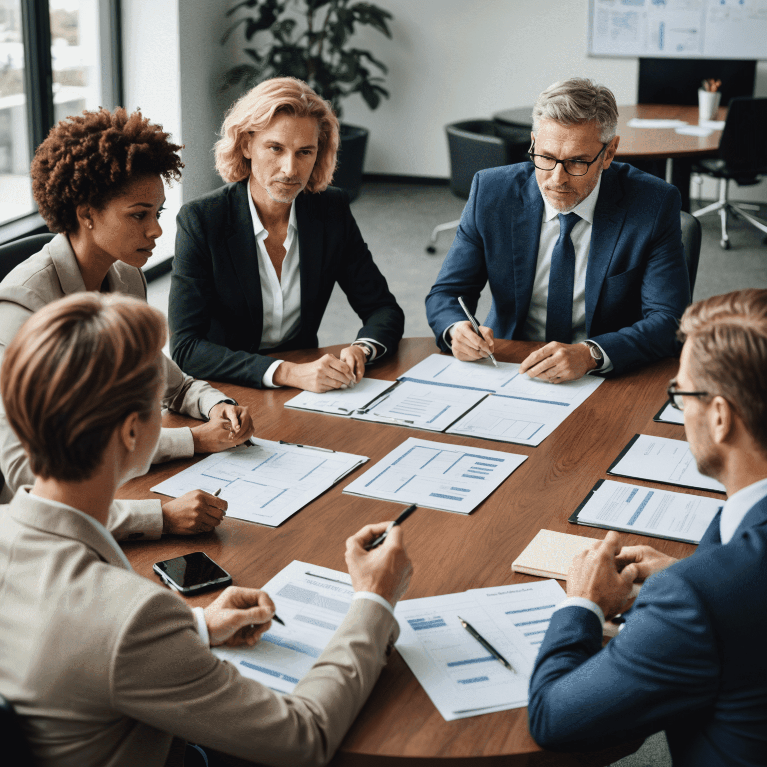 A group of business professionals discussing a strategic plan around a conference table