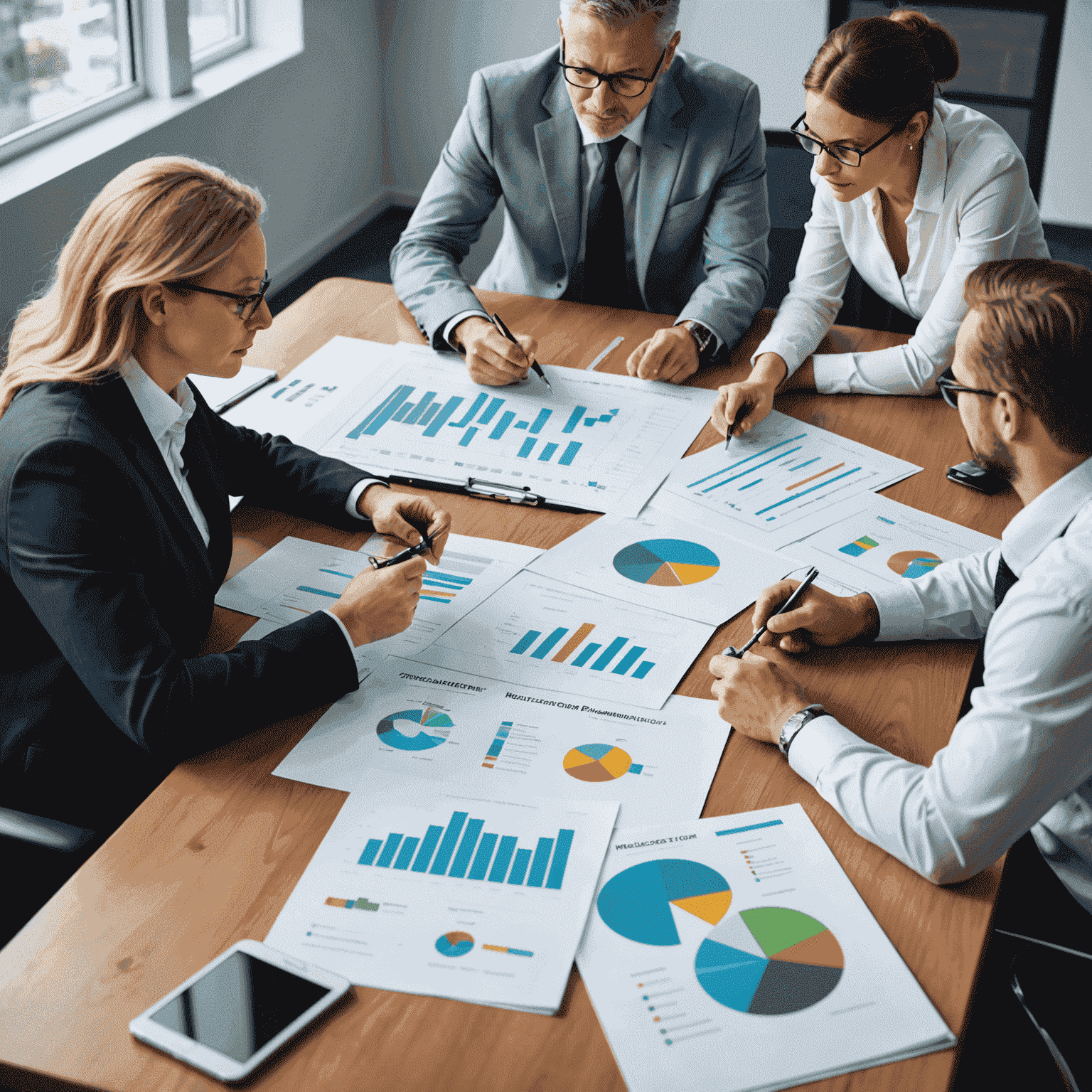 Business team discussing strategic planning around a conference table with financial reports and charts