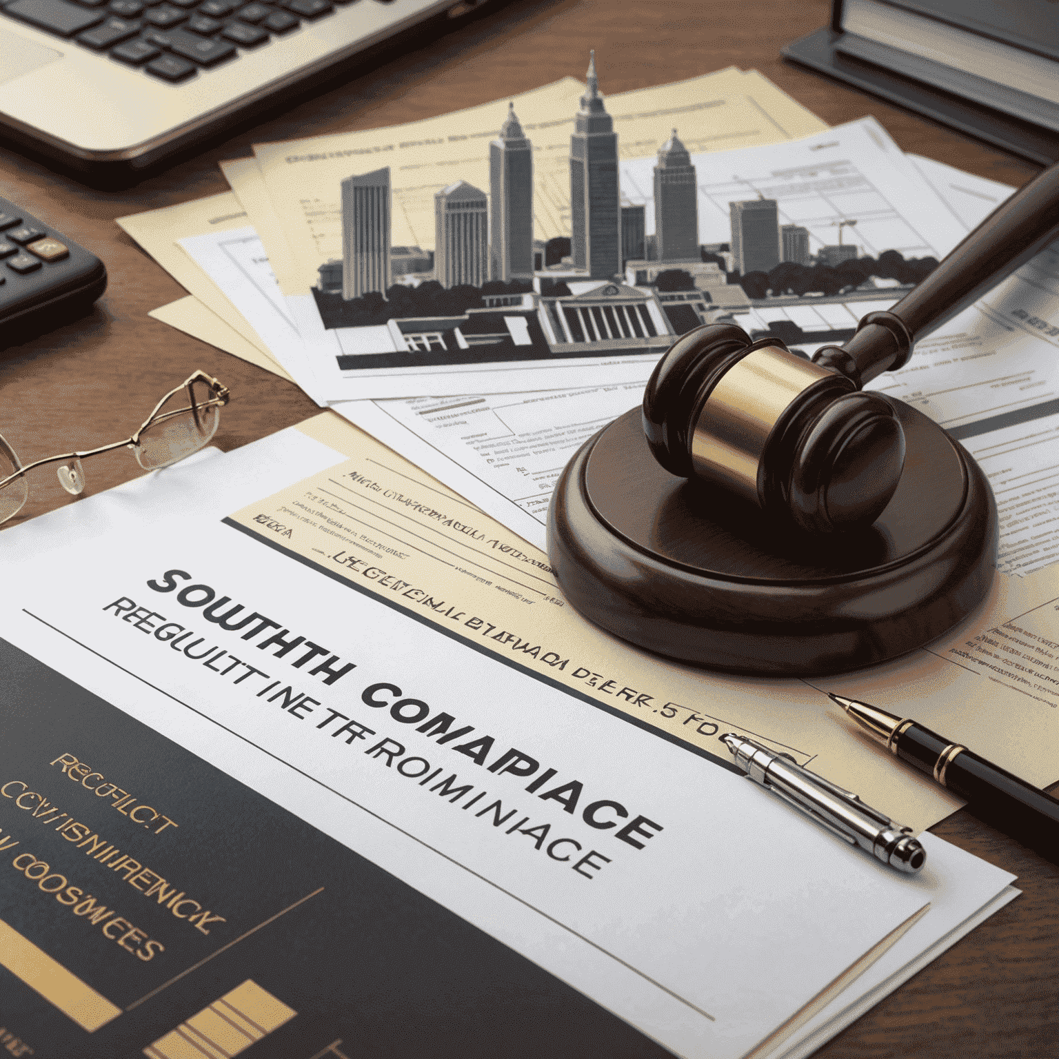 A professional looking image representing regulatory compliance in South Africa, with symbols of law, government buildings, and business documents