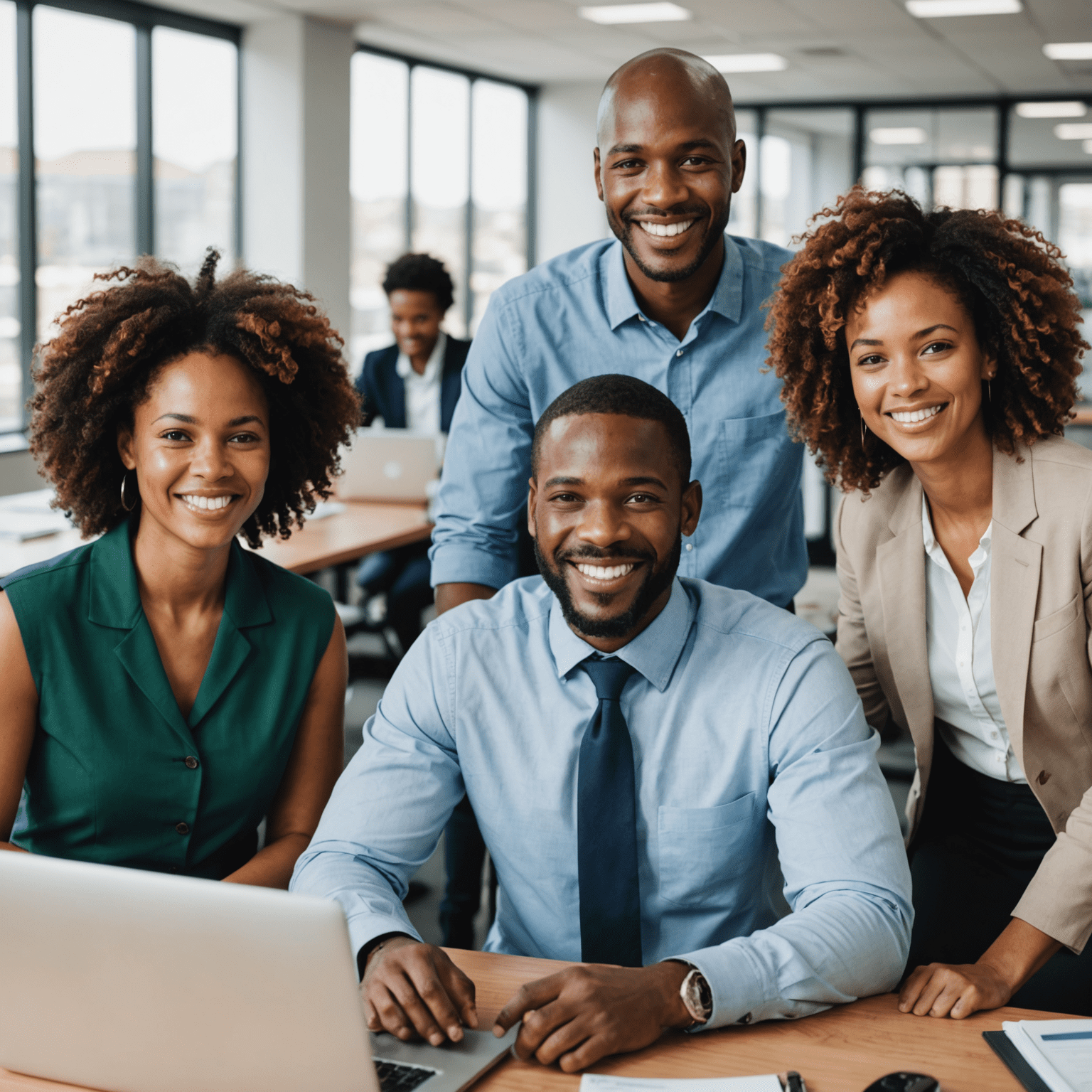 A diverse group of South African employees smiling and working together in an office, representing a positive corporate culture