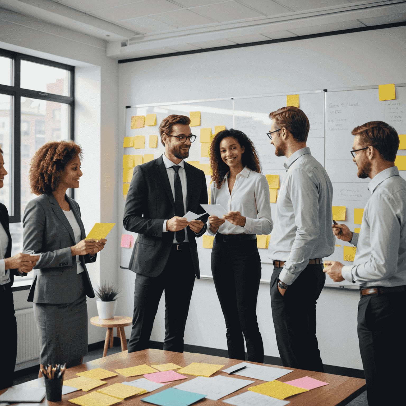 A group of business professionals collaborating on a strategic plan, using whiteboards and sticky notes to brainstorm ideas