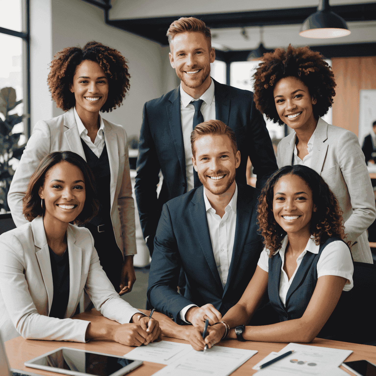 A diverse group of employees smiling and working together, representing a strong corporate culture